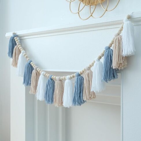 Boho Tassel Garland Wall Hanging with Wood Beads Blue Tassel Garland for Baby Shower Kids Room Bedroom Nursey Back to School Decorations in Kuwait