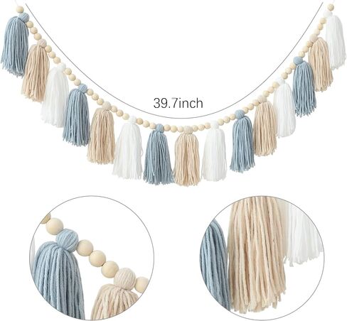 Boho Tassel Garland Wall Hanging with Wood Beads Blue Tassel Garland for Baby Shower Kids Room Bedroom Nursey Back to School Decorations in Kuwait