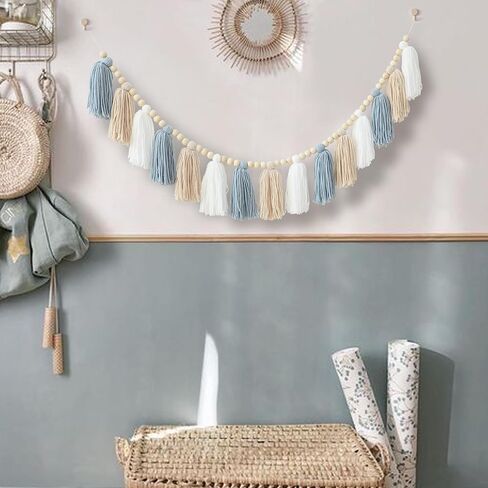 Boho Tassel Garland Wall Hanging with Wood Beads Blue Tassel Garland for Baby Shower Kids Room Bedroom Nursey Back to School Decorations in Kuwait