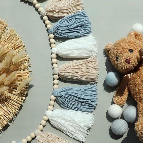 Boho Tassel Garland Wall Hanging with Wood Beads Blue Tassel Garland for Baby Shower Kids Room Bedroom Nursey Back to School Decorations in Kuwait