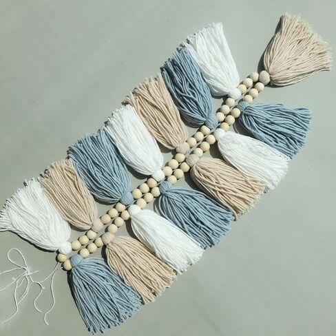 Boho Tassel Garland Wall Hanging with Wood Beads Blue Tassel Garland for Baby Shower Kids Room Bedroom Nursey Back to School Decorations in Kuwait