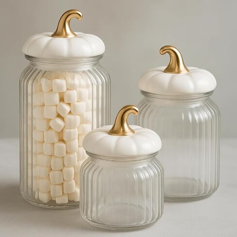 3 Set Pumpkin Glass Jar with Pumpkin Airtight Ceramic Lid 44 oz 33 oz 22oz Fall Clear Candy Jar Food Storage Canister for Thanksgiving Party Tea Cookie Table Decoration (White and Gold,Autumn) in Saudi Arabia