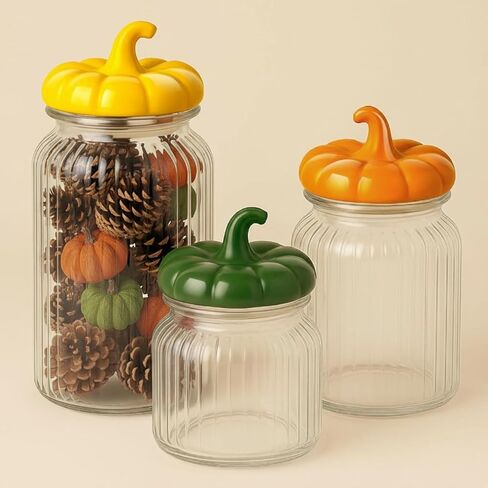 3 Set Pumpkin Glass Jar with Pumpkin Airtight Ceramic Lid 44 oz 33 oz 22oz Fall Clear Candy Jar Food Storage Canister for Thanksgiving Party Tea Cookie Table Decoration (White and Gold,Autumn) in Saudi Arabia