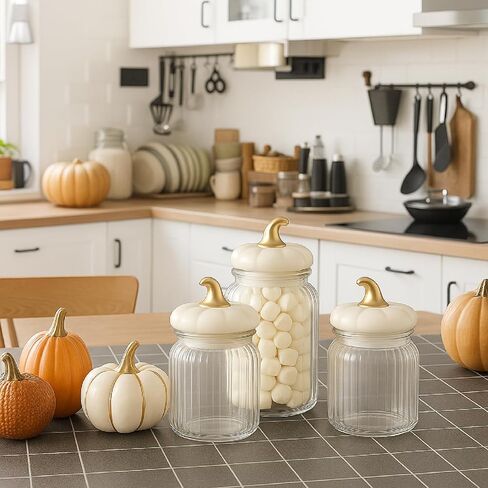 3 Set Pumpkin Glass Jar with Pumpkin Airtight Ceramic Lid 44 oz 33 oz 22oz Fall Clear Candy Jar Food Storage Canister for Thanksgiving Party Tea Cookie Table Decoration (White and Gold,Autumn) in Saudi Arabia