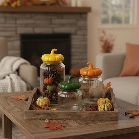 3 Set Pumpkin Glass Jar with Pumpkin Airtight Ceramic Lid 44 oz 33 oz 22oz Fall Clear Candy Jar Food Storage Canister for Thanksgiving Party Tea Cookie Table Decoration (White and Gold,Autumn) in Saudi Arabia