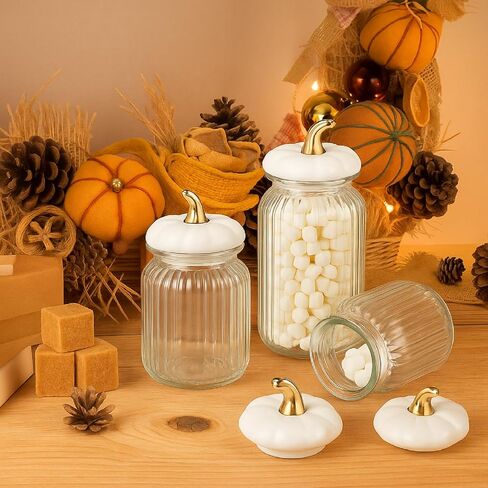 3 Set Pumpkin Glass Jar with Pumpkin Airtight Ceramic Lid 44 oz 33 oz 22oz Fall Clear Candy Jar Food Storage Canister for Thanksgiving Party Tea Cookie Table Decoration (White and Gold,Autumn) in Saudi Arabia