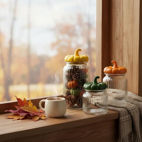 3 Set Pumpkin Glass Jar with Pumpkin Airtight Ceramic Lid 44 oz 33 oz 22oz Fall Clear Candy Jar Food Storage Canister for Thanksgiving Party Tea Cookie Table Decoration (White and Gold,Autumn) in Saudi Arabia