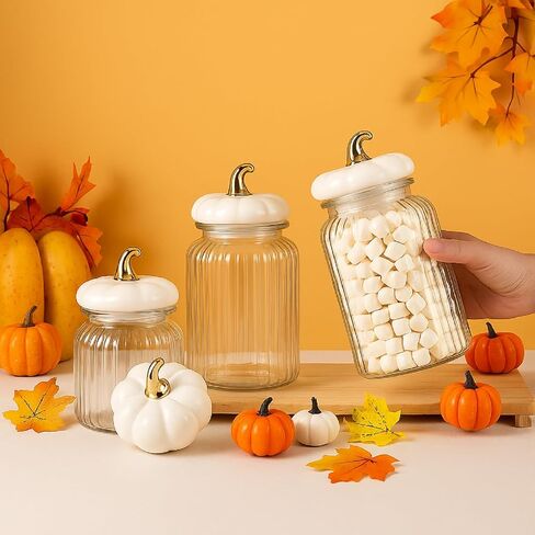 3 Set Pumpkin Glass Jar with Pumpkin Airtight Ceramic Lid 44 oz 33 oz 22oz Fall Clear Candy Jar Food Storage Canister for Thanksgiving Party Tea Cookie Table Decoration (White and Gold,Autumn) in Saudi Arabia