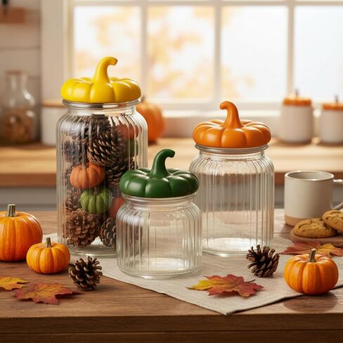 3 Set Pumpkin Glass Jar with Pumpkin Airtight Ceramic Lid 44 oz 33 oz 22oz Fall Clear Candy Jar Food Storage Canister for Thanksgiving Party Tea Cookie Table Decoration (White and Gold,Autumn) in Saudi Arabia