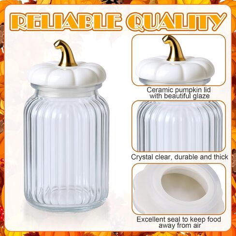 3 Set Pumpkin Glass Jar with Pumpkin Airtight Ceramic Lid 44 oz 33 oz 22oz Fall Clear Candy Jar Food Storage Canister for Thanksgiving Party Tea Cookie Table Decoration (White and Gold,Autumn) in Saudi Arabia