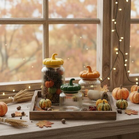 3 Set Pumpkin Glass Jar with Pumpkin Airtight Ceramic Lid 44 oz 33 oz 22oz Fall Clear Candy Jar Food Storage Canister for Thanksgiving Party Tea Cookie Table Decoration (White and Gold,Autumn) in Saudi Arabia