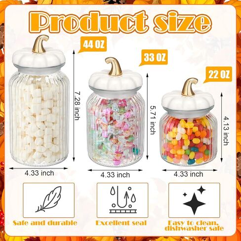 3 Set Pumpkin Glass Jar with Pumpkin Airtight Ceramic Lid 44 oz 33 oz 22oz Fall Clear Candy Jar Food Storage Canister for Thanksgiving Party Tea Cookie Table Decoration (White and Gold,Autumn) in Saudi Arabia