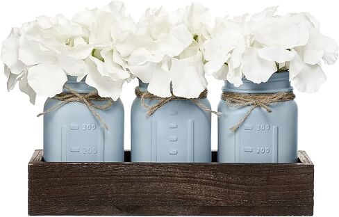 Mkono Mason Jar Centerpiece Decorative Wood Tray with 3 Painted Jars Artificial Flowers Rustic Country Farmhouse Thanksgiving Decoration for Coffee Table Dining Room Living Room Kitchen in Saudi Arabia