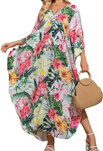 فساتين Kaftan ، تغطية الطباعة الأزهار الملونة Ups Maxi Beach Cove Ups Vneck Batwing Sleeve لملابس السباحة للسيدات in Saudi Arabia