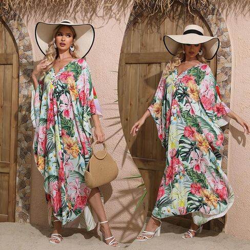 فساتين Kaftan ، تغطية الطباعة الأزهار الملونة Ups Maxi Beach Cove Ups Vneck Batwing Sleeve لملابس السباحة للسيدات in Saudi Arabia