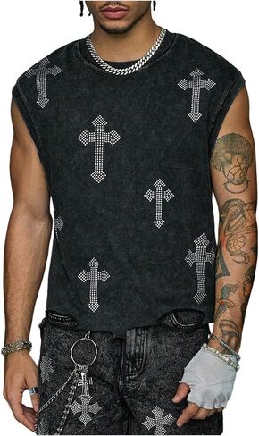 Verdusa Men's Gothic Cross Rhinestone Tank Top Sleeveless Crew Neck Washed Casual Shirts in Saudi Arabia