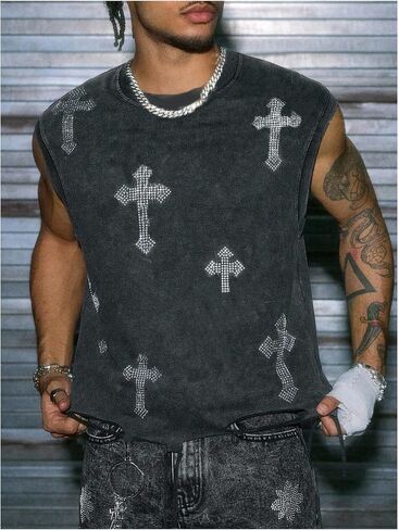 Verdusa Men's Gothic Cross Rhinestone Tank Top Sleeveless Crew Neck Washed Casual Shirts in Saudi Arabia