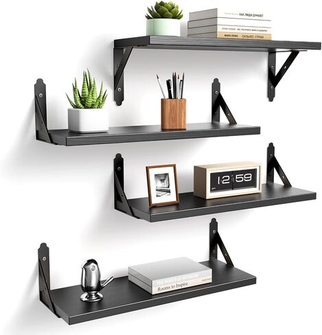 Wood Floating Shelves Set of 4, Rustic Storage Decor Wall Shelves, Wall Mounted Shelf for Living Room, Bedroom 17" x 6", Black in Saudi Arabia