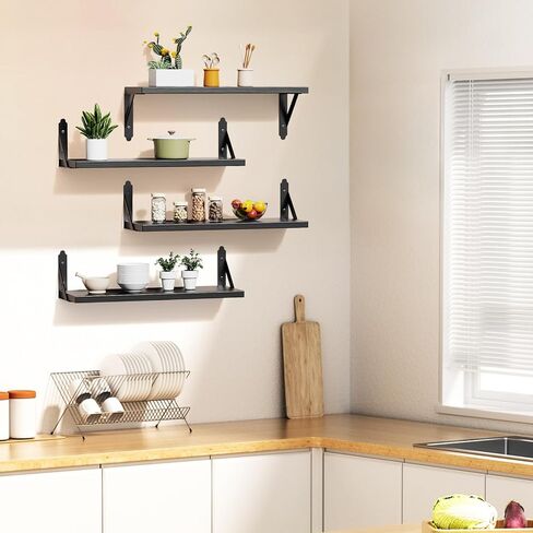Wood Floating Shelves Set of 4, Rustic Storage Decor Wall Shelves, Wall Mounted Shelf for Living Room, Bedroom 17" x 6", Black in Saudi Arabia