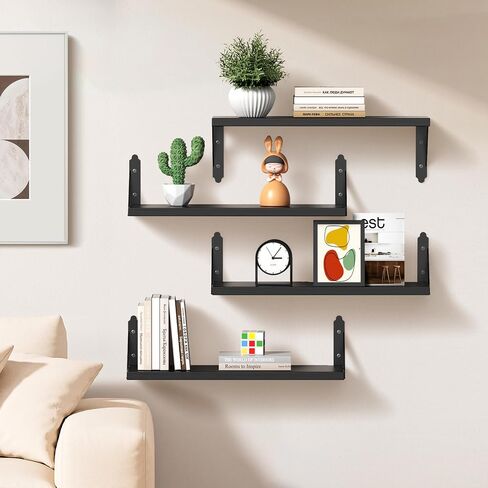 Wood Floating Shelves Set of 4, Rustic Storage Decor Wall Shelves, Wall Mounted Shelf for Living Room, Bedroom 17" x 6", Black in Saudi Arabia