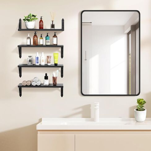 Wood Floating Shelves Set of 4, Rustic Storage Decor Wall Shelves, Wall Mounted Shelf for Living Room, Bedroom 17" x 6", Black in Saudi Arabia
