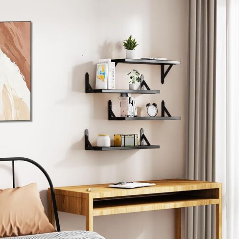 Wood Floating Shelves Set of 4, Rustic Storage Decor Wall Shelves, Wall Mounted Shelf for Living Room, Bedroom 17" x 6", Black in Saudi Arabia
