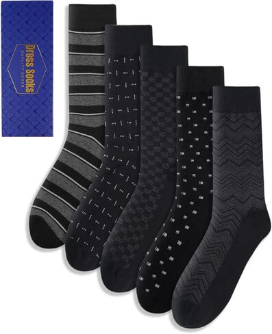 Mens Dress Socks Classic Patterned Business Crew Cotton Socks for Father Birthday Christmas Gifts 5 Pairs in Kuwait