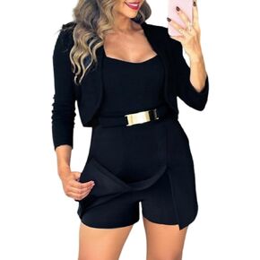 CHICME Women's 2 Pieces Outfits 2025 Thick Strap Waist Metal Decor Jumpsuit with Crop Coat Matching Set Casual Fall Outfits in Kuwait