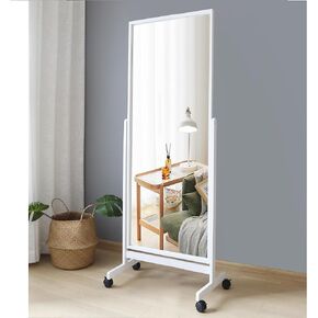 Swivel Adjustable Full Length Mirror on Wheels, Mobile Wood Frame Cheval Bedroom Free Standing Floor Mirror with Stand, Tiltable, Easy to Move in Kuwait