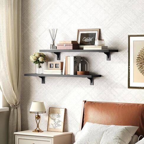 HOOBRO Floating Shelves for Wall, 15.4" Wall Mounted Shelves Set of 2, Hanging Storage Shelf with Metal Brackets, Wooden Shelf for Living Room, Bedroom, Bathroom, Rustic Brown and Black BF42BJP201G1 in Saudi Arabia