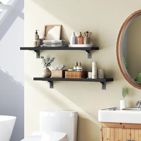 HOOBRO Floating Shelves for Wall, 15.4" Wall Mounted Shelves Set of 2, Hanging Storage Shelf with Metal Brackets, Wooden Shelf for Living Room, Bedroom, Bathroom, Rustic Brown and Black BF42BJP201G1 in Saudi Arabia