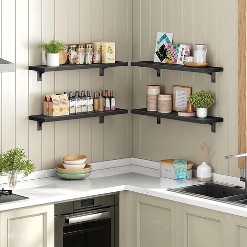 HOOBRO Floating Shelves for Wall, 15.4" Wall Mounted Shelves Set of 2, Hanging Storage Shelf with Metal Brackets, Wooden Shelf for Living Room, Bedroom, Bathroom, Rustic Brown and Black BF42BJP201G1 in Saudi Arabia