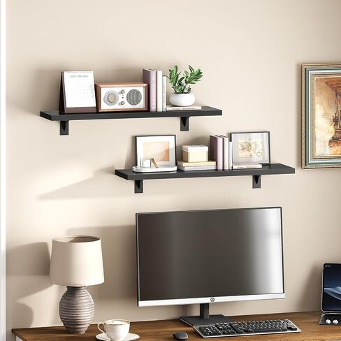 HOOBRO Floating Shelves for Wall, 15.4" Wall Mounted Shelves Set of 2, Hanging Storage Shelf with Metal Brackets, Wooden Shelf for Living Room, Bedroom, Bathroom, Rustic Brown and Black BF42BJP201G1 in Saudi Arabia