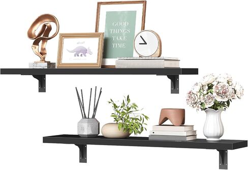 HOOBRO Floating Shelves for Wall, 15.4" Wall Mounted Shelves Set of 2, Hanging Storage Shelf with Metal Brackets, Wooden Shelf for Living Room, Bedroom, Bathroom, Rustic Brown and Black BF42BJP201G1 in Saudi Arabia