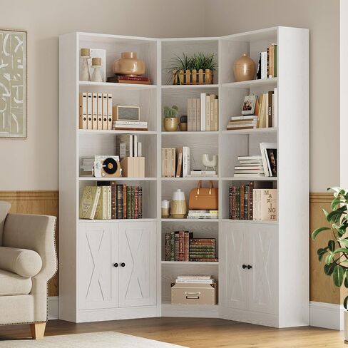 ANCTOR Large Corner Bookcase with 2 Storage Cabinets and 18 Shelves, 7 Tiers L Shaped Wood Bookshelf, 71" Tall Corner Hutch for Living Room, Bedroom, White in Saudi Arabia