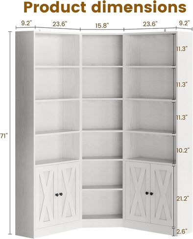 ANCTOR Large Corner Bookcase with 2 Storage Cabinets and 18 Shelves, 7 Tiers L Shaped Wood Bookshelf, 71" Tall Corner Hutch for Living Room, Bedroom, White in Saudi Arabia
