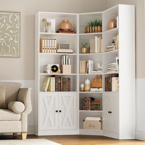 ANCTOR Large Corner Bookcase with 2 Storage Cabinets and 18 Shelves, 7 Tiers L Shaped Wood Bookshelf, 71" Tall Corner Hutch for Living Room, Bedroom, White in Saudi Arabia