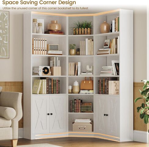 ANCTOR Large Corner Bookcase with 2 Storage Cabinets and 18 Shelves, 7 Tiers L Shaped Wood Bookshelf, 71" Tall Corner Hutch for Living Room, Bedroom, White in Saudi Arabia