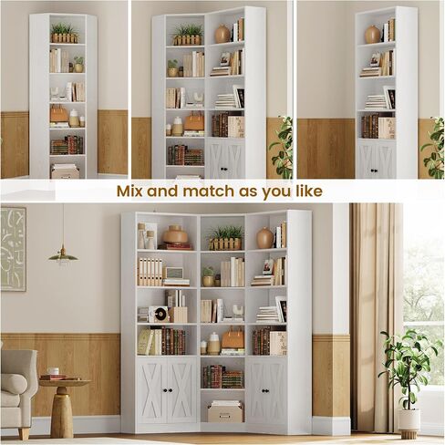 ANCTOR Large Corner Bookcase with 2 Storage Cabinets and 18 Shelves, 7 Tiers L Shaped Wood Bookshelf, 71" Tall Corner Hutch for Living Room, Bedroom, White in Saudi Arabia