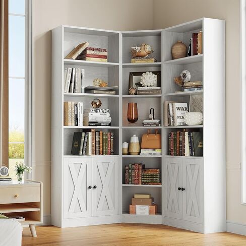 ANCTOR Large Corner Bookcase with 2 Storage Cabinets and 18 Shelves, 7 Tiers L Shaped Wood Bookshelf, 71" Tall Corner Hutch for Living Room, Bedroom, White in Saudi Arabia