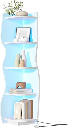 HOOBRO Corner Shelf with Light, 5-Tier Modern Corner Bookshelf, Stylish Display Bookcase，Wooden Open Book Shelf Storage Rack for Small Spaces, Living Room, Home Office, White WT67DCJ01 in Saudi Arabia