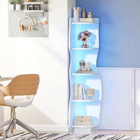 HOOBRO Corner Shelf with Light, 5-Tier Modern Corner Bookshelf, Stylish Display Bookcase，Wooden Open Book Shelf Storage Rack for Small Spaces, Living Room, Home Office, White WT67DCJ01 in Saudi Arabia