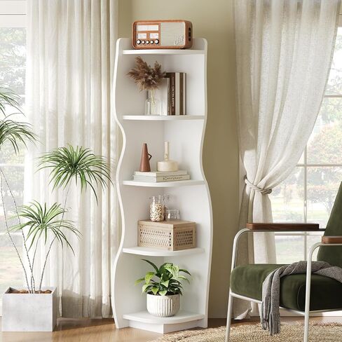HOOBRO Corner Shelf with Light, 5-Tier Modern Corner Bookshelf, Stylish Display Bookcase，Wooden Open Book Shelf Storage Rack for Small Spaces, Living Room, Home Office, White WT67DCJ01 in Saudi Arabia