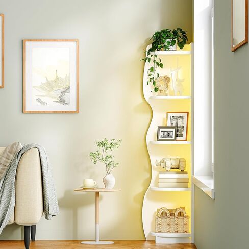 HOOBRO Corner Shelf with Light, 5-Tier Modern Corner Bookshelf, Stylish Display Bookcase，Wooden Open Book Shelf Storage Rack for Small Spaces, Living Room, Home Office, White WT67DCJ01 in Saudi Arabia