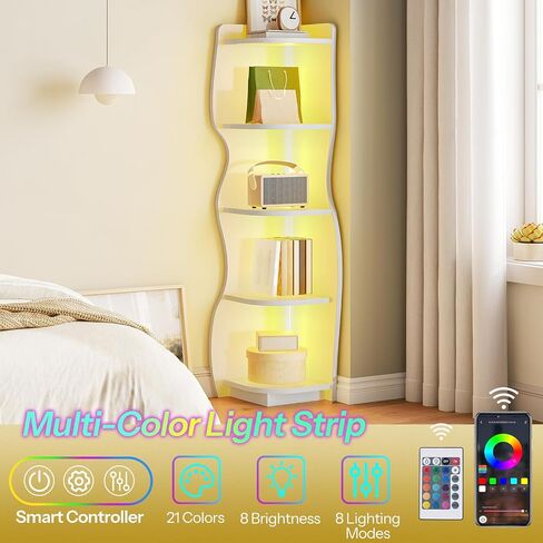 HOOBRO Corner Shelf with Light, 5-Tier Modern Corner Bookshelf, Stylish Display Bookcase，Wooden Open Book Shelf Storage Rack for Small Spaces, Living Room, Home Office, White WT67DCJ01 in Saudi Arabia