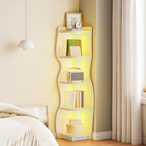 HOOBRO Corner Shelf with Light, 5-Tier Modern Corner Bookshelf, Stylish Display Bookcase，Wooden Open Book Shelf Storage Rack for Small Spaces, Living Room, Home Office, White WT67DCJ01 in Saudi Arabia