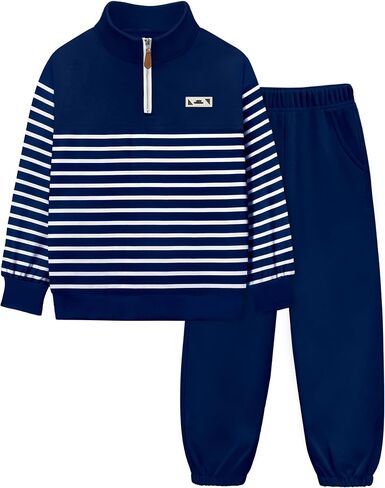 Kangkang Boys Clother Quarter Zip Twlar Sweatshirt مخطط أعلى وسروال رياضي صلبة 2 PCS Winter Winter Fall Fall Falls مجموعة 4-12Y in Saudi Arabia