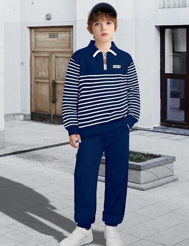Kangkang Boys Clother Quarter Zip Twlar Sweatshirt مخطط أعلى وسروال رياضي صلبة 2 PCS Winter Winter Fall Fall Falls مجموعة 4-12Y in Saudi Arabia
