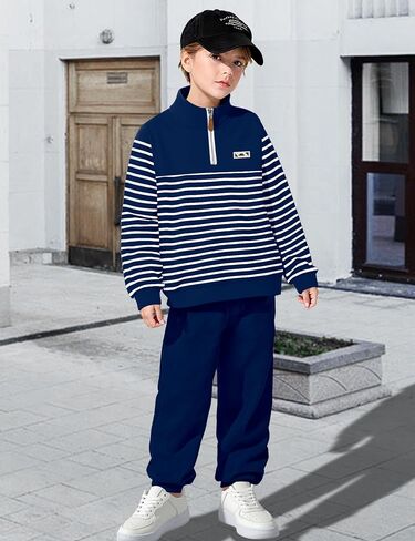 Kangkang Boys Clother Quarter Zip Twlar Sweatshirt مخطط أعلى وسروال رياضي صلبة 2 PCS Winter Winter Fall Fall Falls مجموعة 4-12Y in Saudi Arabia