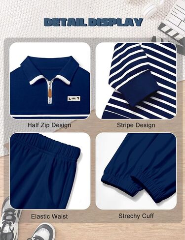 Kangkang Boys Clother Quarter Zip Twlar Sweatshirt مخطط أعلى وسروال رياضي صلبة 2 PCS Winter Winter Fall Fall Falls مجموعة 4-12Y in Saudi Arabia